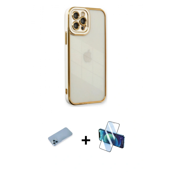 MARSİLYAN™- iPhone 12 Pro Max Kılıf Çekirdek Klasik Serisi - Siyah 3D Antistatik Cam Ekran Koruyucu + Shine Kamera Lens Koruma Cam - MI