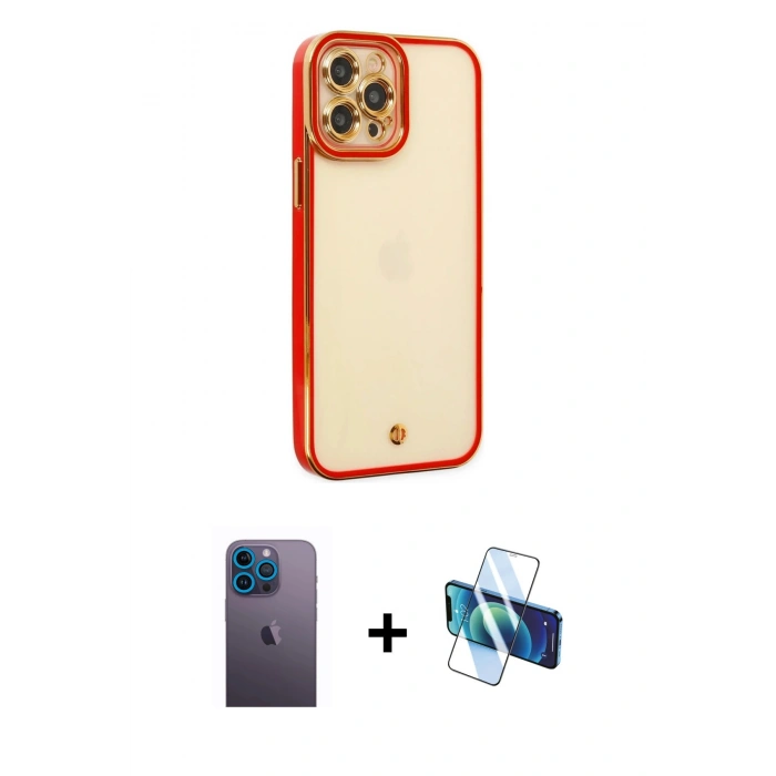 MARSİLYAN™- iPhone 12 Pro Max Kılıf Çekirdek Klasik Serisi - Siyah 3D Antistatik Cam Ekran Koruyucu + Neon Fosforlu Kamera Lens - MI
