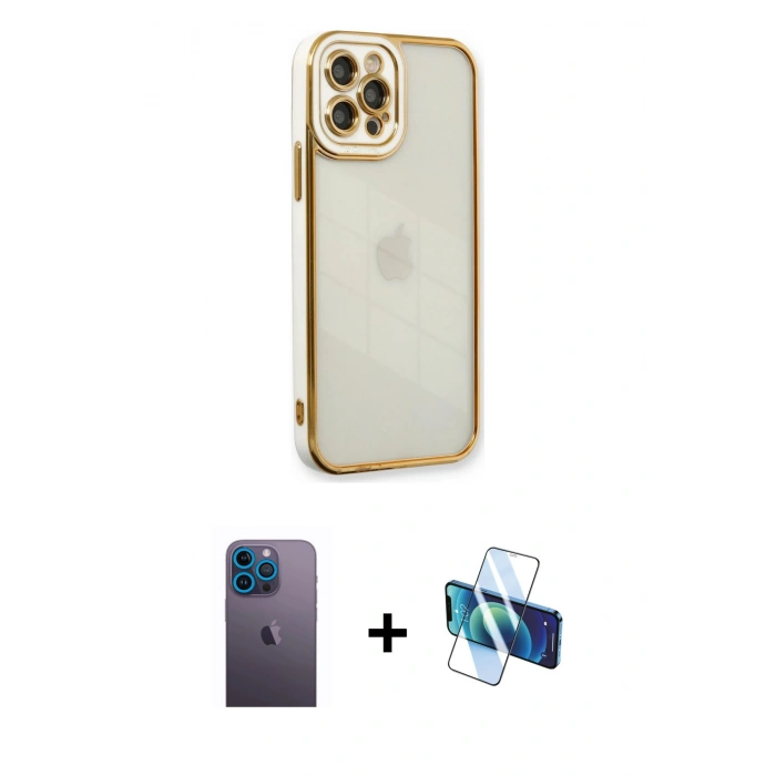 MARSİLYAN™- iPhone 12 Pro Max Kılıf Çekirdek Klasik Serisi - Siyah 3D Antistatik Cam Ekran Koruyucu + Neon Fosforlu Kamera Lens - MI