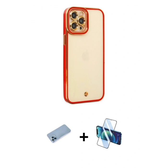 MARSİLYAN™- iPhone 12 Pro Max Kılıf Çekirdek Klasik Serisi - Siyah 3D Antistatik Cam Ekran Koruyucu + Shine Kamera Lens Koruma Cam - MI