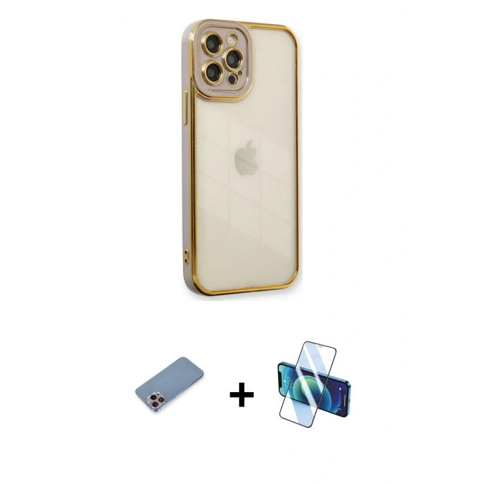 MARSİLYAN™- iPhone 12 Pro Max Kılıf Çekirdek Klasik Serisi - Siyah 3D Antistatik Cam Ekran Koruyucu + Shine Kamera Lens Koruma Cam - PE
