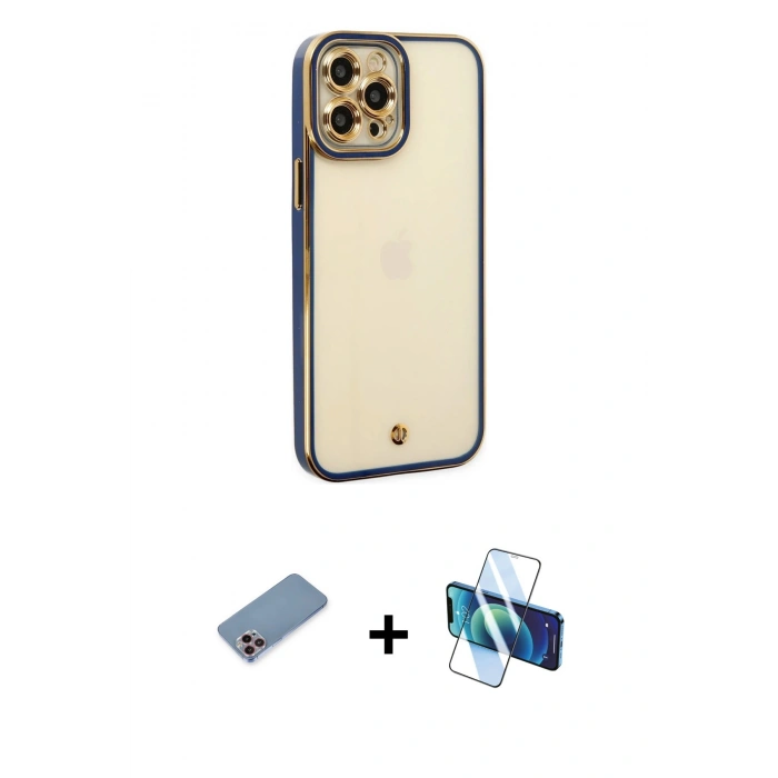 MARSİLYAN™- iPhone 12 Pro Max Kılıf Çekirdek Klasik Serisi - Siyah 3D Antistatik Cam Ekran Koruyucu + Shine Kamera Lens Koruma Cam - PE