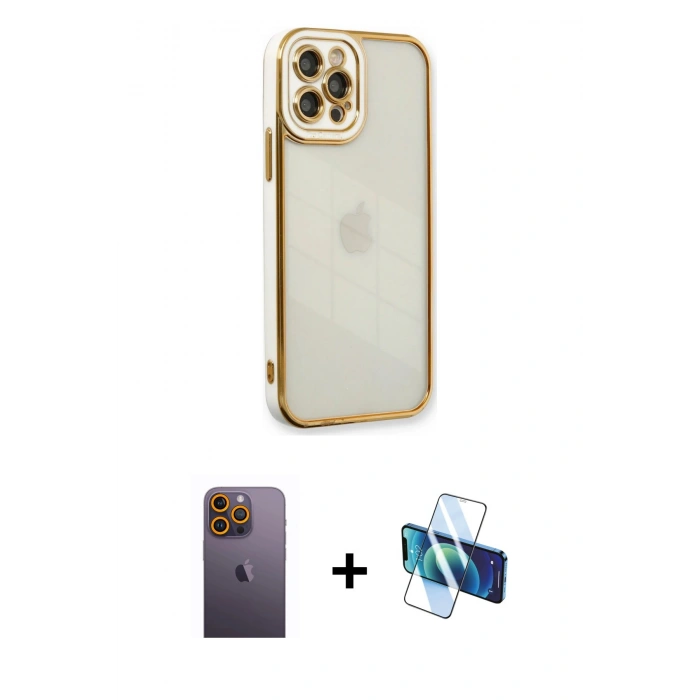 MARSİLYAN™- iPhone 12 Pro Max Kılıf Çekirdek Klasik Serisi - Siyah 3D Antistatik Cam Ekran Koruyucu + Sarı Neon Fosforlu Kamera Lens