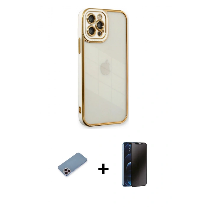 MARSİLYAN™- iPhone 12 Pro Max Kılıf Çekirdek Klasik Serisi - Siyah 3D Antistatik Hayalet Cam Ekran Koruyucu + Shine Kamera Lens Koruma Cam - PE