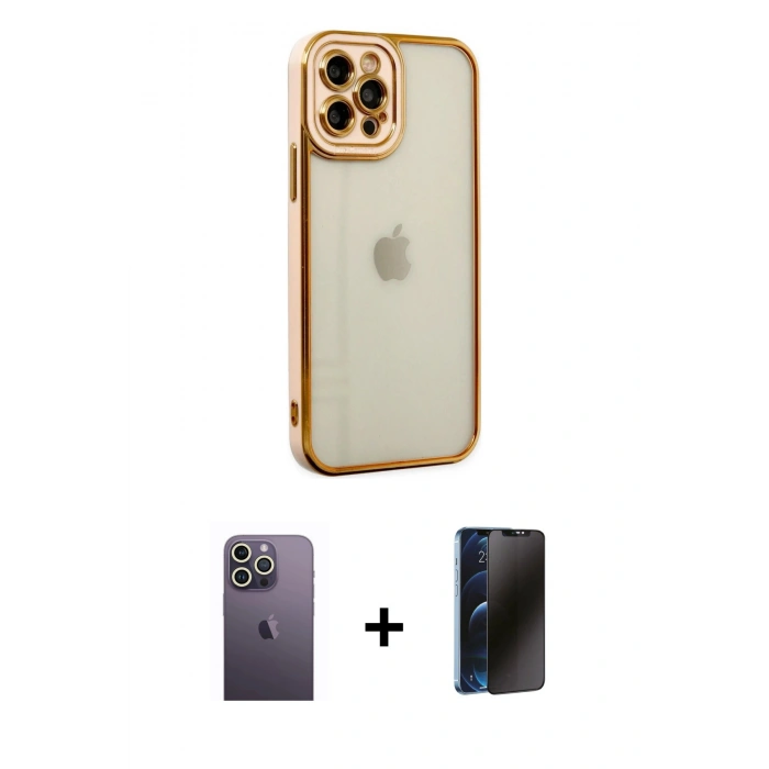 MARSİLYAN™- iPhone 12 Pro Max Kılıf Çekirdek Klasik Serisi - Siyah 3D Antistatik Hayalet Cam Ekran Koruyucu + Neon Fosforlu Kamera Lens - BZ