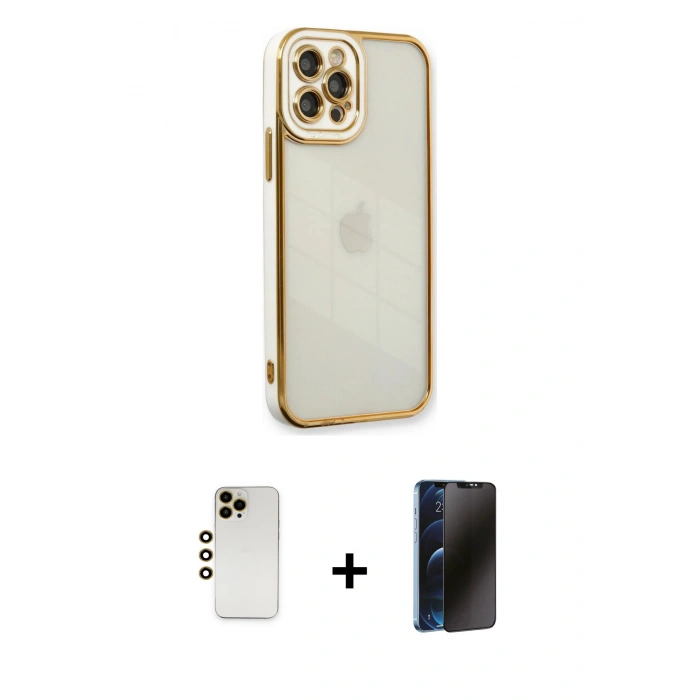 MARSİLYAN™- iPhone 12 Pro Max Kılıf Çekirdek Klasik Serisi - Siyah 3D Antistatik Hayalet Cam Ekran Koruyucu + Gold Shine Kamera Lens