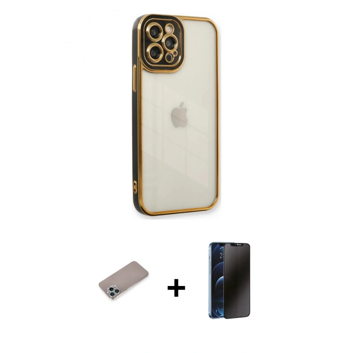 MARSİLYAN™- iPhone 12 Pro Max Kılıf Çekirdek Klasik Serisi - Siyah 3D Antistatik Hayalet Cam Ekran Koruyucu + Shine Kamera Lens Koruma Cam - SABE