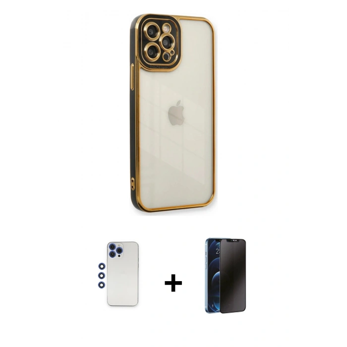 MARSİLYAN™- iPhone 12 Pro Max Kılıf Çekirdek Klasik Serisi - Siyah 3D Antistatik Hayalet Cam Ekran Koruyucu + Shine Kamera Lens - LT
