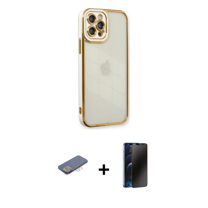 MARSİLYAN™- iPhone 12 Pro Max Kılıf Çekirdek Klasik Serisi - Siyah 3D Antistatik Hayalet Cam Ekran Koruyucu + Renkli Kamera Lens Koruma Cam - PE