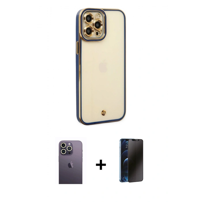 MARSİLYAN™- iPhone 12 Pro Max Kılıf Çekirdek Klasik Serisi - Siyah 3D Antistatik Hayalet Cam Ekran Koruyucu + Neon Fosforlu Kamera Lens - BZ