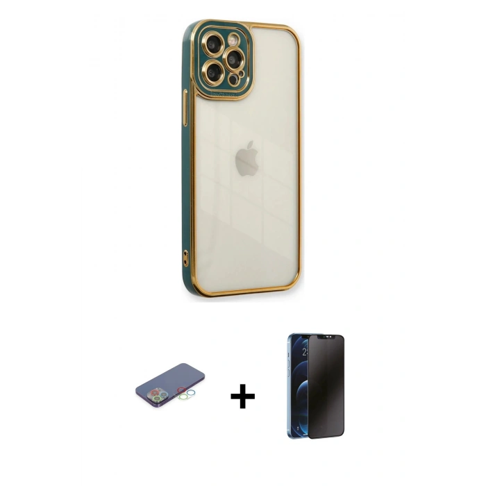 MARSİLYAN™- iPhone 12 Pro Max Kılıf Çekirdek Klasik Serisi - Siyah 3D Antistatik Hayalet Cam Ekran Koruyucu + Renkli Kamera Lens Koruma Cam - MI