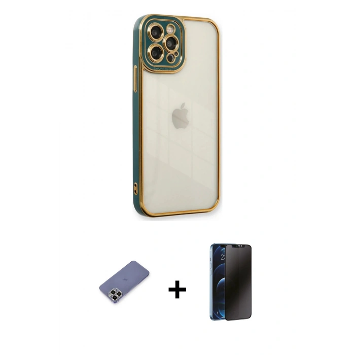 MARSİLYAN™- iPhone 12 Pro Max Kılıf Çekirdek Klasik Serisi - Siyah 3D Antistatik Hayalet Cam Ekran Koruyucu + Metal Kamera Lens Koruma Cam - GD