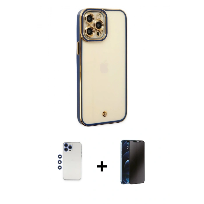 MARSİLYAN™- iPhone 12 Pro Max Kılıf Çekirdek Klasik Serisi - Siyah 3D Antistatik Hayalet Cam Ekran Koruyucu + Shine Kamera Lens - LT