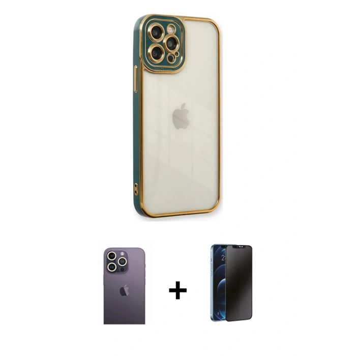 MARSİLYAN™- iPhone 12 Pro Max Kılıf Çekirdek Klasik Serisi - Siyah 3D Antistatik Hayalet Cam Ekran Koruyucu + Neon Fosforlu Kamera Lens - BZ
