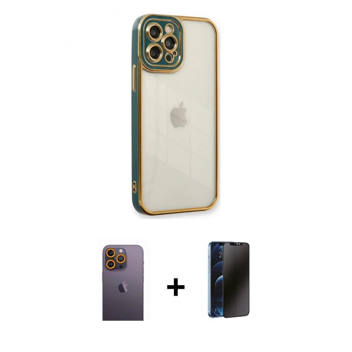 MARSİLYAN™- iPhone 12 Pro Max Kılıf Çekirdek Klasik Serisi - Siyah 3D Antistatik Hayalet Cam Ekran Koruyucu + Neon Fosforlu Kamera Lens - SI