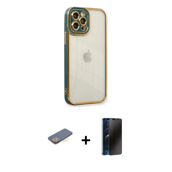MARSİLYAN™- iPhone 12 Pro Max Kılıf Çekirdek Klasik Serisi - Siyah 3D Antistatik Hayalet Cam Ekran Koruyucu + Renkli Kamera Lens Koruma Cam - SI