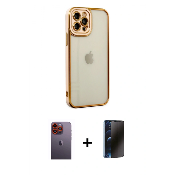 MARSİLYAN™- iPhone 12 Pro Max Kılıf Çekirdek Klasik Serisi - Siyah 3D Antistatik Hayalet Cam Ekran Koruyucu + Neon Fosforlu Kamera Lens - TU