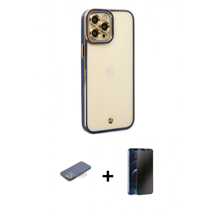 MARSİLYAN™- iPhone 12 Pro Max Kılıf Çekirdek Klasik Serisi - Siyah 3D Antistatik Hayalet Cam Ekran Koruyucu + Renkli Kamera Lens Koruma Cam - MI