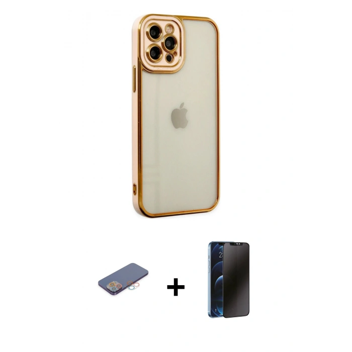 MARSİLYAN™- iPhone 12 Pro Max Kılıf Çekirdek Klasik Serisi - Siyah 3D Antistatik Hayalet Cam Ekran Koruyucu + Renkli Kamera Lens Koruma Cam - PE