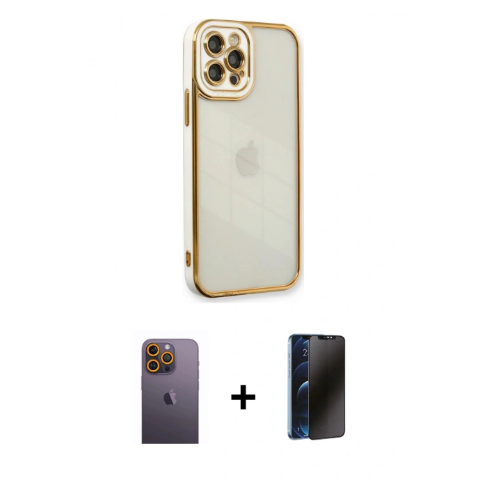 MARSİLYAN™- iPhone 12 Pro Max Kılıf Çekirdek Klasik Serisi - Siyah 3D Antistatik Hayalet Cam Ekran Koruyucu + Neon Fosforlu Kamera Lens - SI