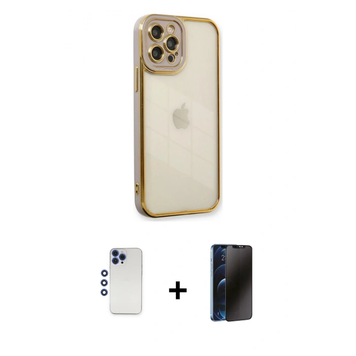 MARSİLYAN™- iPhone 12 Pro Max Kılıf Çekirdek Klasik Serisi - Siyah 3D Antistatik Hayalet Cam Ekran Koruyucu + Shine Kamera Lens - LT