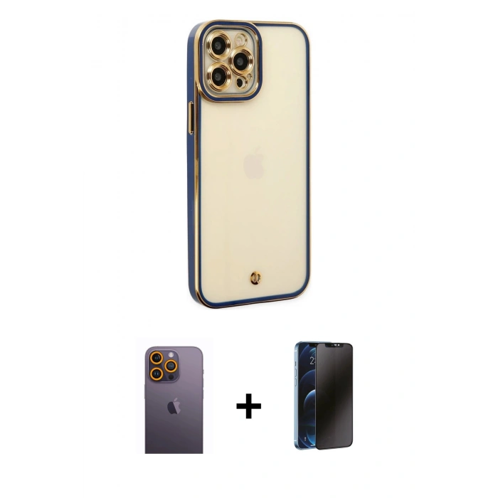 MARSİLYAN™- iPhone 12 Pro Max Kılıf Çekirdek Klasik Serisi - Siyah 3D Antistatik Hayalet Cam Ekran Koruyucu + Neon Fosforlu Kamera Lens - SI