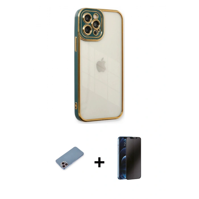 MARSİLYAN™- iPhone 12 Pro Max Kılıf Çekirdek Klasik Serisi - Siyah 3D Antistatik Hayalet Cam Ekran Koruyucu + Shine Kamera Lens Koruma Cam - PE