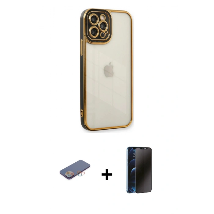 MARSİLYAN™- iPhone 12 Pro Max Kılıf Çekirdek Klasik Serisi - Siyah 3D Antistatik Hayalet Cam Ekran Koruyucu + Renkli Kamera Lens Koruma Cam - PE