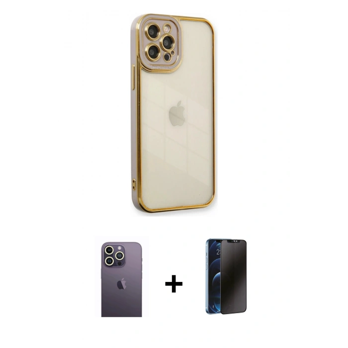 MARSİLYAN™- iPhone 12 Pro Max Kılıf Çekirdek Klasik Serisi - Siyah 3D Antistatik Hayalet Cam Ekran Koruyucu + Neon Fosforlu Kamera Lens - BZ