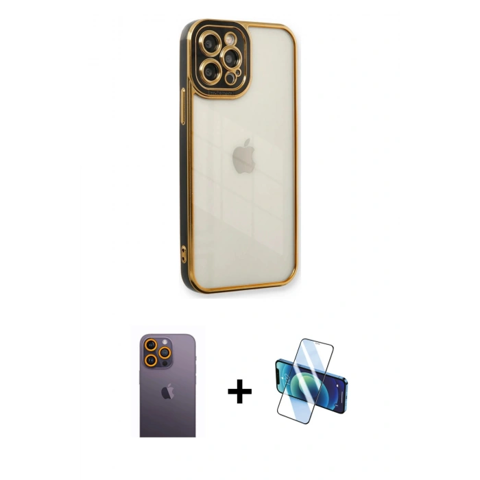 MARSİLYAN™- iPhone 12 Pro Max Kılıf Çekirdek Klasik Serisi - Siyah 3D Antistatik Seramik Nano Ekran Koruyucu + Neon Fosforlu Kamera Lens - SI