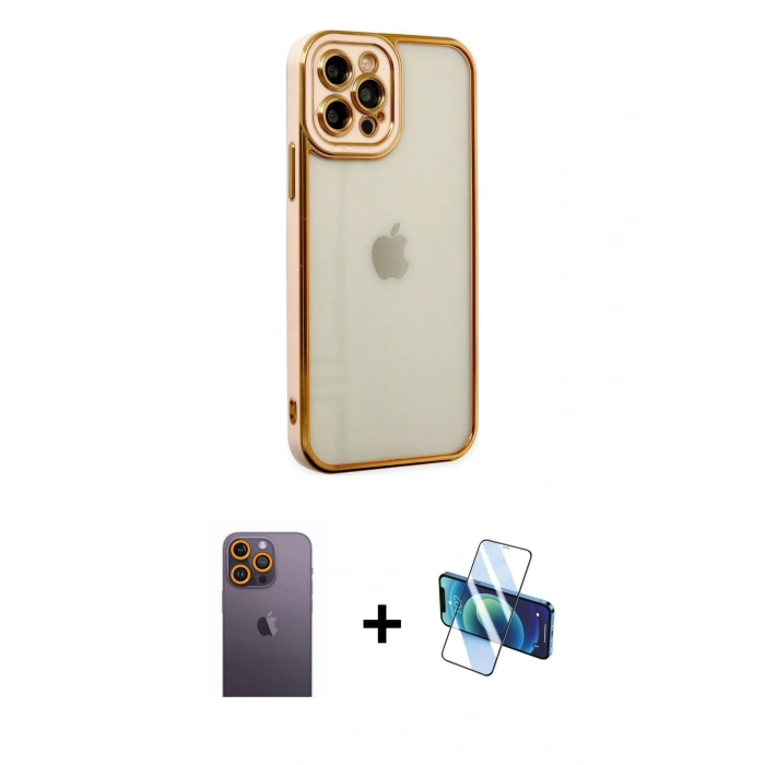 MARSİLYAN™- iPhone 12 Pro Max Kılıf Çekirdek Klasik Serisi - Siyah 3D Antistatik Seramik Nano Ekran Koruyucu + Neon Fosforlu Kamera Lens - SI