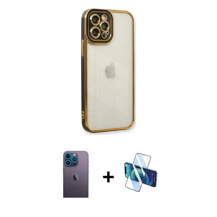 MARSİLYAN™- iPhone 12 Pro Max Kılıf Çekirdek Klasik Serisi - Siyah 3D Antistatik Seramik Nano Ekran Koruyucu + Neon Fosforlu Kamera Lens - MI