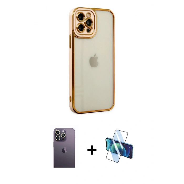 MARSİLYAN™- iPhone 12 Pro Max Kılıf Çekirdek Klasik Serisi - Siyah 3D Antistatik Seramik Nano Ekran Koruyucu + Neon Fosforlu Kamera Lens - BZ