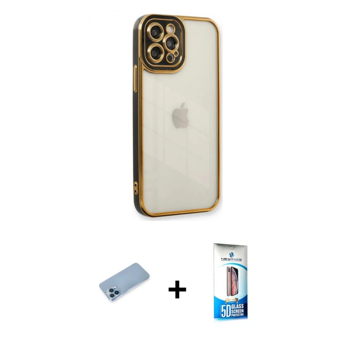 MARSİLYAN™- iPhone 12 Pro Max Kılıf Çekirdek Klasik Serisi - Siyah 5D Eko Cam Ekran Koruyucu + Shine Kamera Lens Koruma Cam - MI