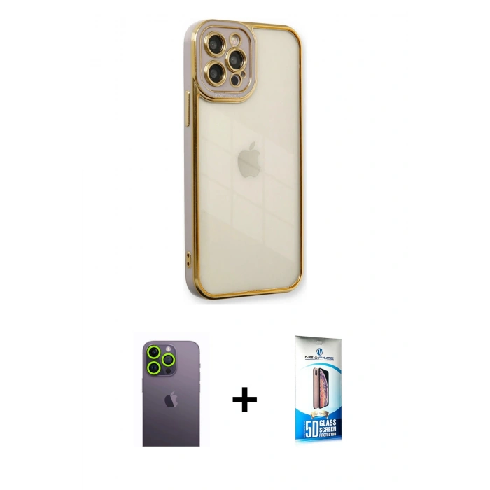MARSİLYAN™- iPhone 12 Pro Max Kılıf Çekirdek Klasik Serisi - Siyah 5D Eko Cam Ekran Koruyucu + Neon Fosforlu Kamera Lens - YL