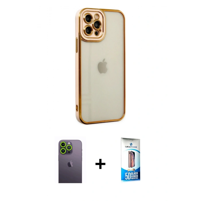 MARSİLYAN™- iPhone 12 Pro Max Kılıf Çekirdek Klasik Serisi - Siyah 5D Eko Cam Ekran Koruyucu + Neon Fosforlu Kamera Lens - YL
