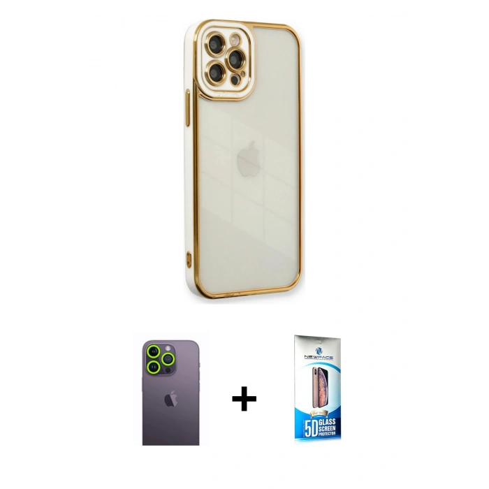 MARSİLYAN™- iPhone 12 Pro Max Kılıf Çekirdek Klasik Serisi - Siyah 5D Eko Cam Ekran Koruyucu + Neon Fosforlu Kamera Lens - YL