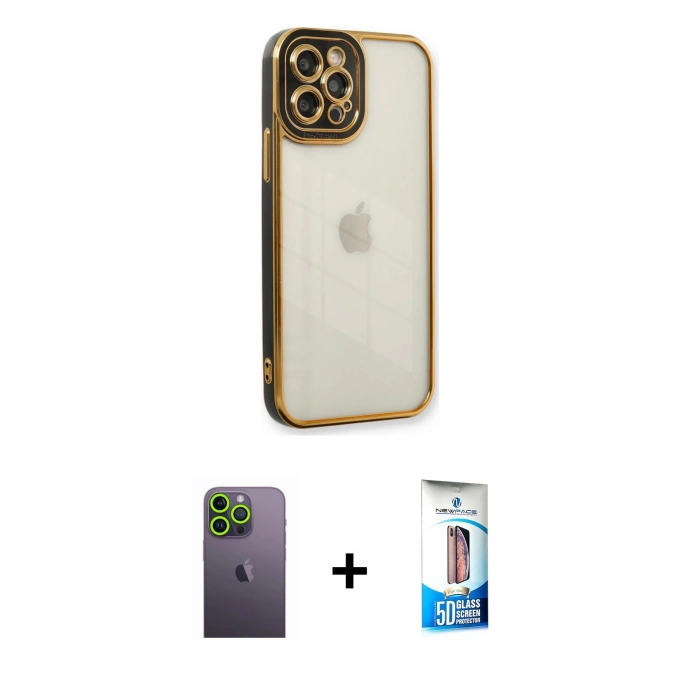 MARSİLYAN™- iPhone 12 Pro Max Kılıf Çekirdek Klasik Serisi - Siyah 5D Eko Cam Ekran Koruyucu + Neon Fosforlu Kamera Lens - YL