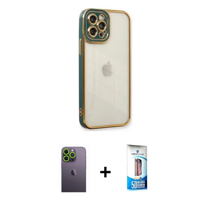 MARSİLYAN™- iPhone 12 Pro Max Kılıf Çekirdek Klasik Serisi - Siyah 5D Eko Cam Ekran Koruyucu + Neon Fosforlu Kamera Lens - YL