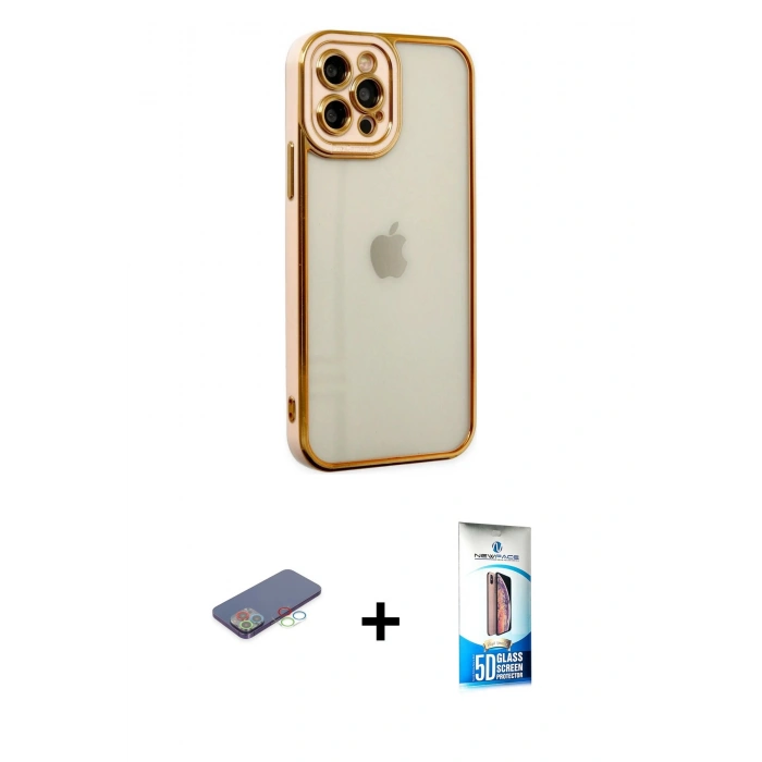 MARSİLYAN™- iPhone 12 Pro Max Kılıf Çekirdek Klasik Serisi - Siyah 5D Eko Cam Ekran Koruyucu + Renkli Kamera Lens Koruma Cam - MI