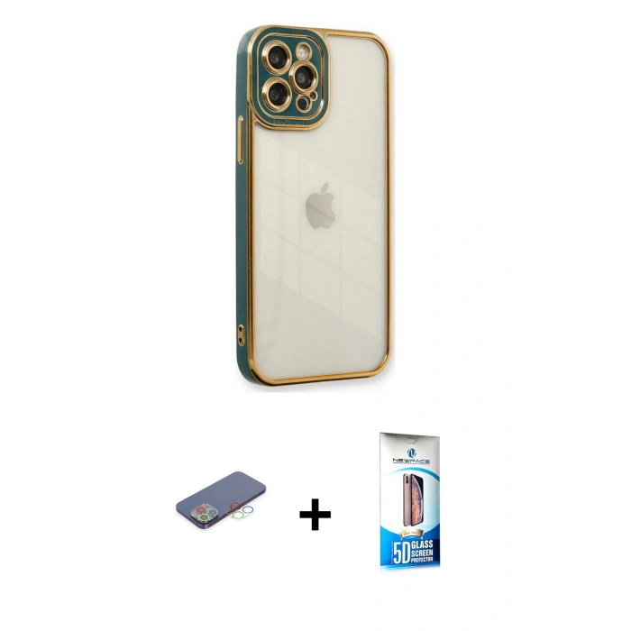 MARSİLYAN™- iPhone 12 Pro Max Kılıf Çekirdek Klasik Serisi - Siyah 5D Eko Cam Ekran Koruyucu + Renkli Kamera Lens Koruma Cam - MI