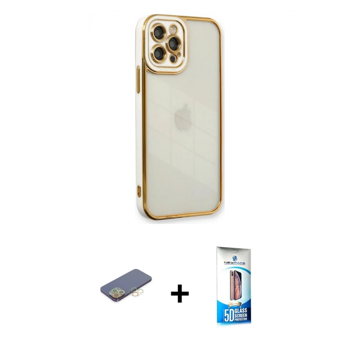 MARSİLYAN™- iPhone 12 Pro Max Kılıf Çekirdek Klasik Serisi - Siyah 5D Eko Cam Ekran Koruyucu + Renkli Kamera Lens Koruma Cam - SI