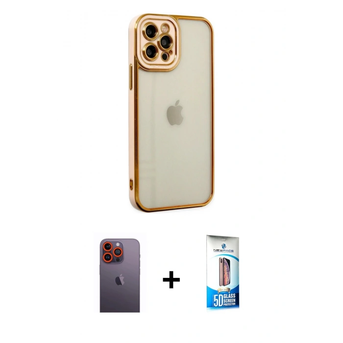 MARSİLYAN™- iPhone 12 Pro Max Kılıf Çekirdek Klasik Serisi - Siyah 5D Eko Cam Ekran Koruyucu + Neon Fosforlu Kamera Lens - TU