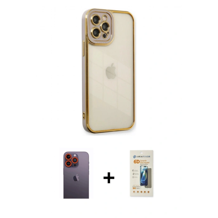 MARSİLYAN™- iPhone 12 Pro Max Kılıf Çekirdek Klasik Serisi - Siyah 6D Mat Seramik Hayalet Nano Ekran Koruyucu + Neon Fosforlu Kamera Lens - TU