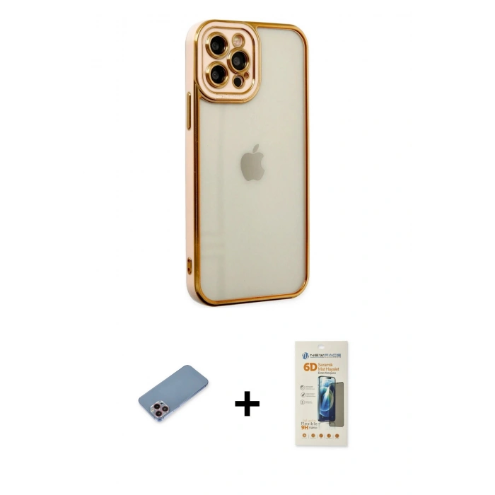 MARSİLYAN™- iPhone 12 Pro Max Kılıf Çekirdek Klasik Serisi - Siyah 6D Mat Seramik Hayalet Nano Ekran Koruyucu + Shine Kamera Lens Koruma Cam - PE