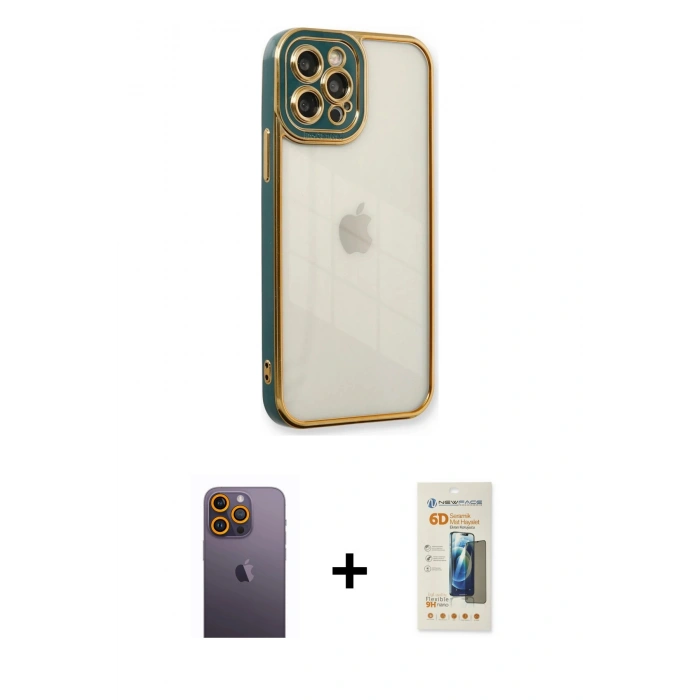 MARSİLYAN™- iPhone 12 Pro Max Kılıf Çekirdek Klasik Serisi - Siyah 6D Mat Seramik Hayalet Nano Ekran Koruyucu + Neon Fosforlu Kamera Lens - SI