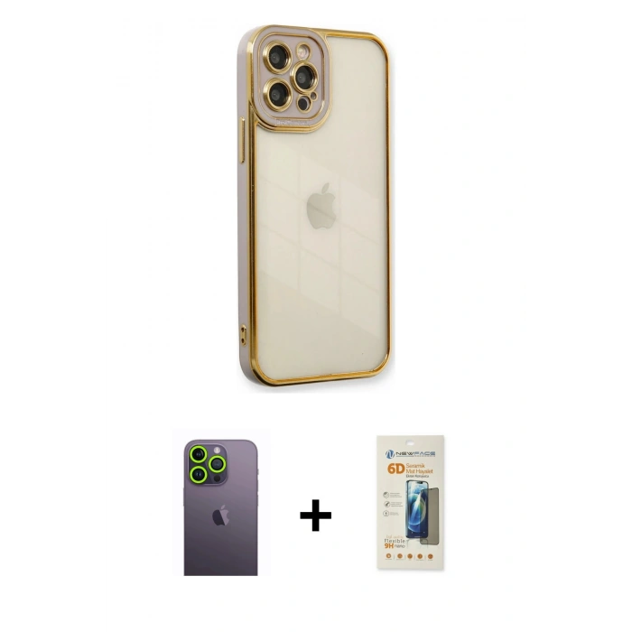 MARSİLYAN™- iPhone 12 Pro Max Kılıf Çekirdek Klasik Serisi - Siyah 6D Mat Seramik Hayalet Nano Ekran Koruyucu + Neon Fosforlu Kamera Lens - YL