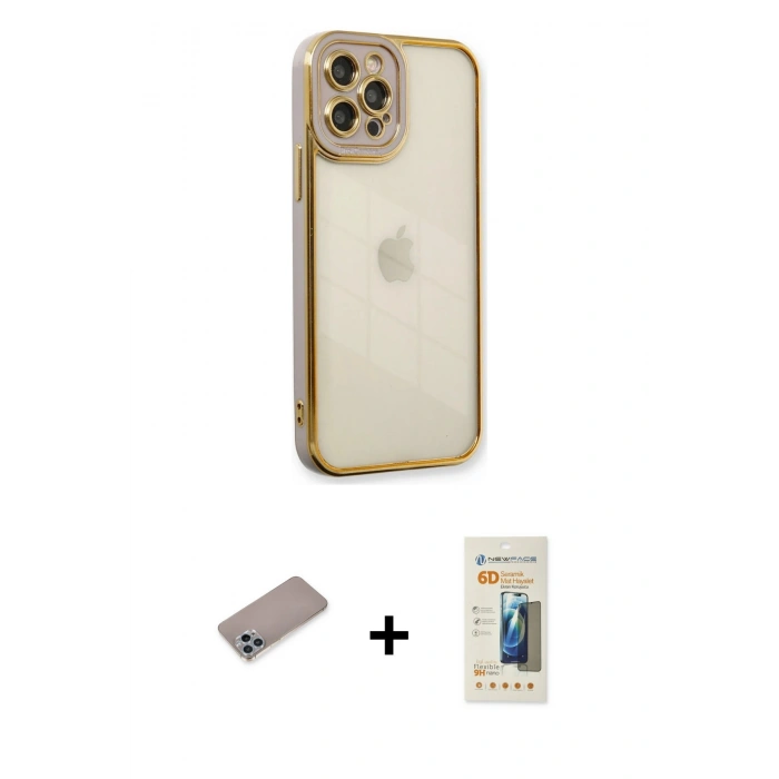 MARSİLYAN™- iPhone 12 Pro Max Kılıf Çekirdek Klasik Serisi - Siyah 6D Mat Seramik Hayalet Nano Ekran Koruyucu + Sierra Blue Shine Kamera Lens Koruma Cam