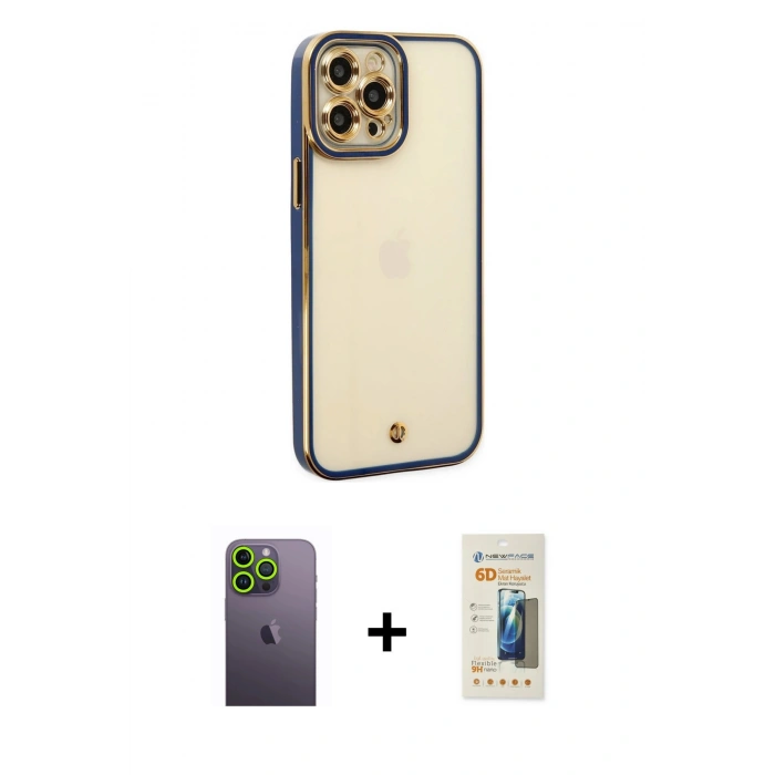 MARSİLYAN™- iPhone 12 Pro Max Kılıf Çekirdek Klasik Serisi - Siyah 6D Mat Seramik Hayalet Nano Ekran Koruyucu + Neon Fosforlu Kamera Lens - YL