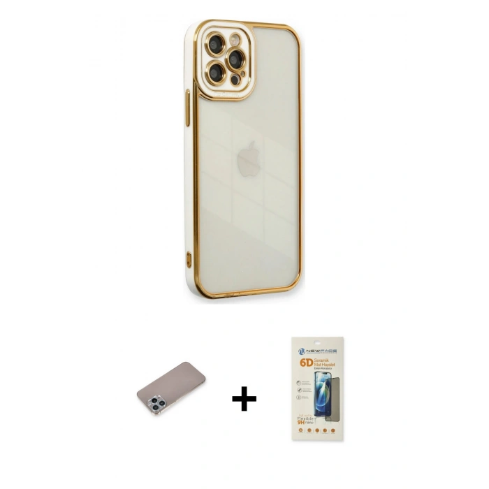 MARSİLYAN™- iPhone 12 Pro Max Kılıf Çekirdek Klasik Serisi - Siyah 6D Mat Seramik Hayalet Nano Ekran Koruyucu + Sierra Blue Shine Kamera Lens Koruma Cam